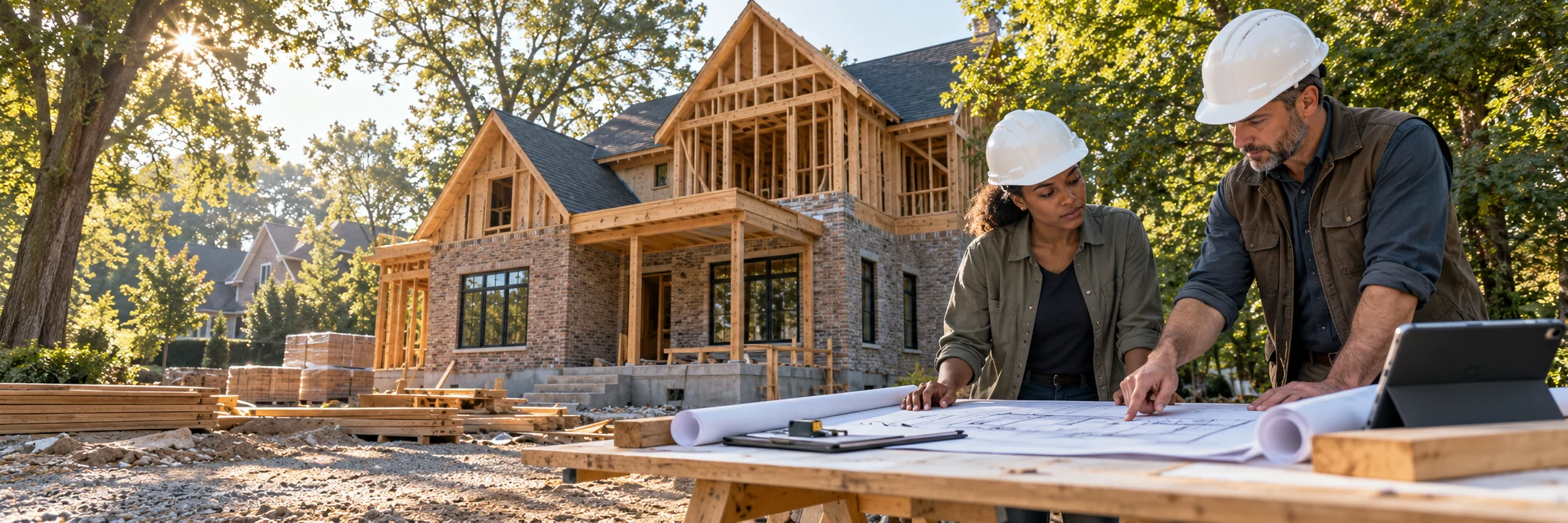Illustrative construction team reviewing plans beside a home under construction