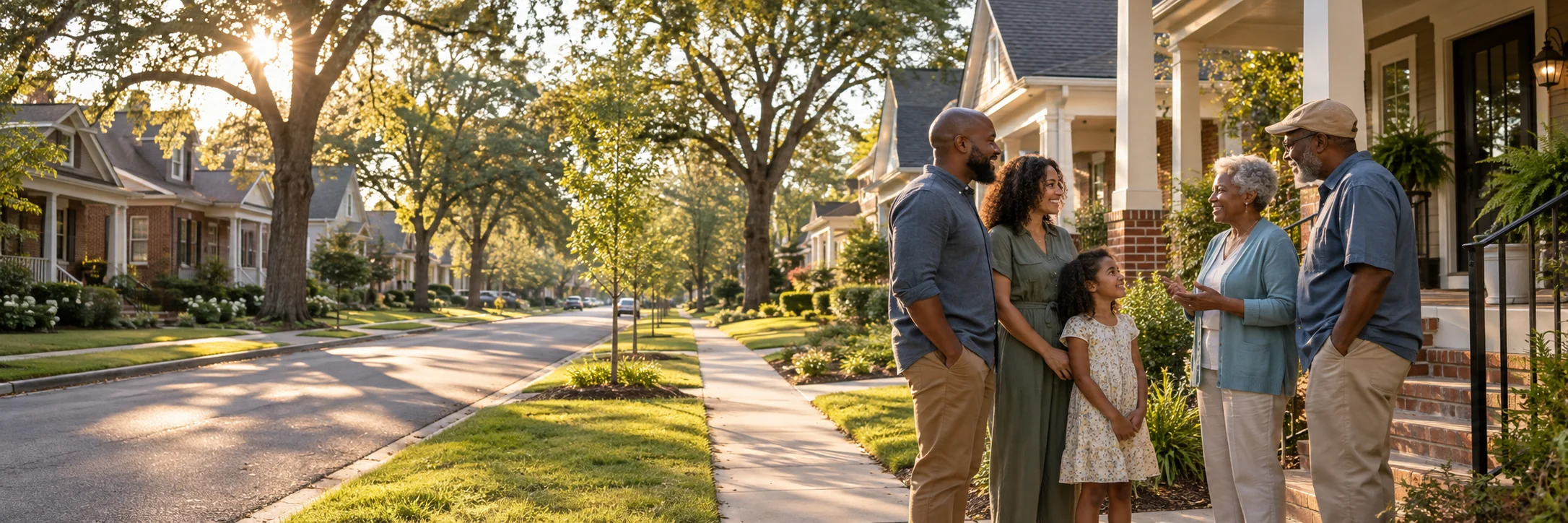 Illustrative neighbors greeting one another beside front porches in a leafy residential neighborhood