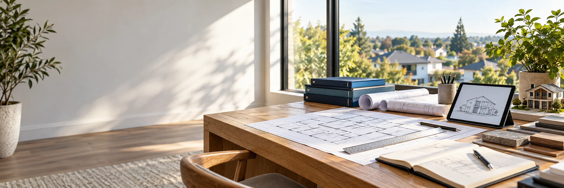 Illustrative planning workspace with architectural drawings, document folders and building materials